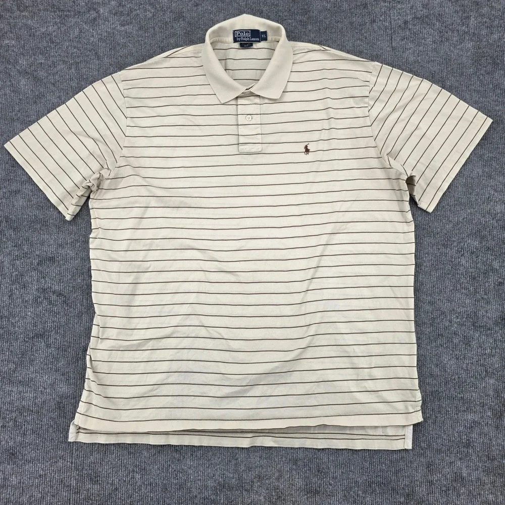 Polo Ralph Lauren Mens XL Pima Cotton Striped Polo Shirt Beige Brown